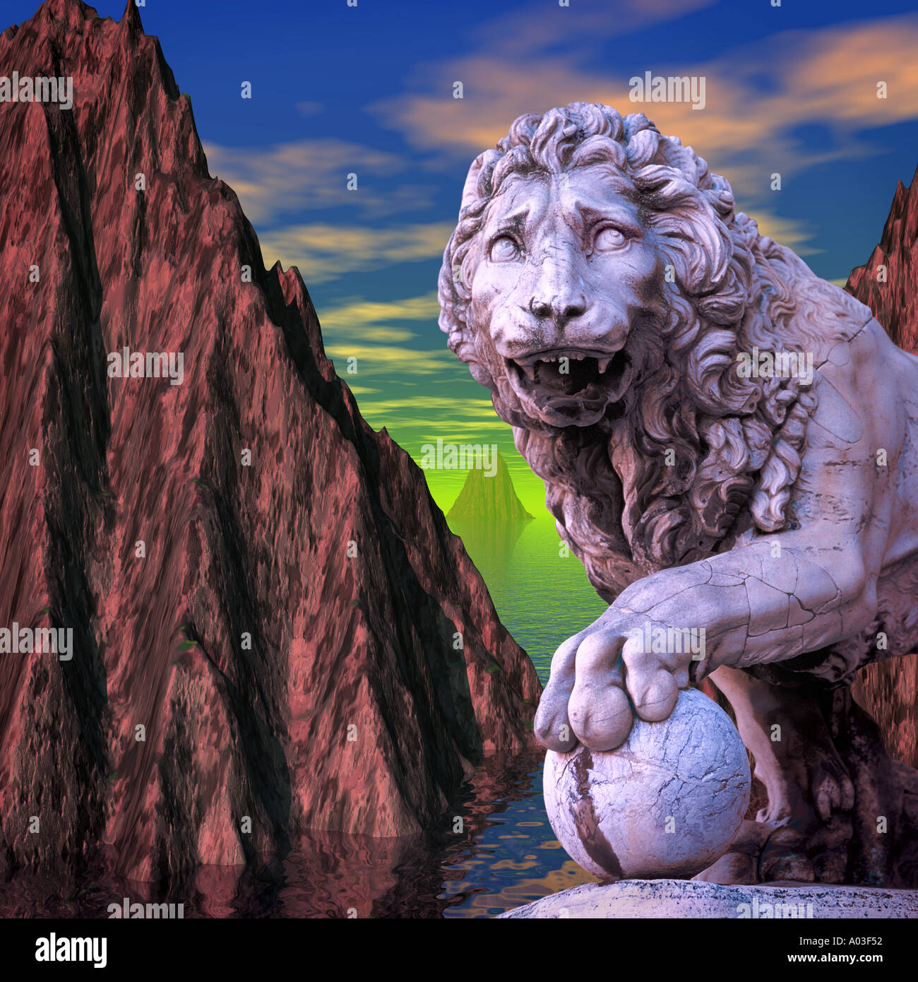 Estatua de un león en un paisaje de fantasía Foto de stock