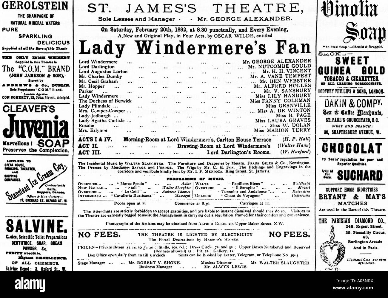 Anuncio de Oscar Wilde Lady Windermere's Fan en St James Theatre, Londres, que abrió sus puertas el 20 de febrero de 1892 Foto de stock
