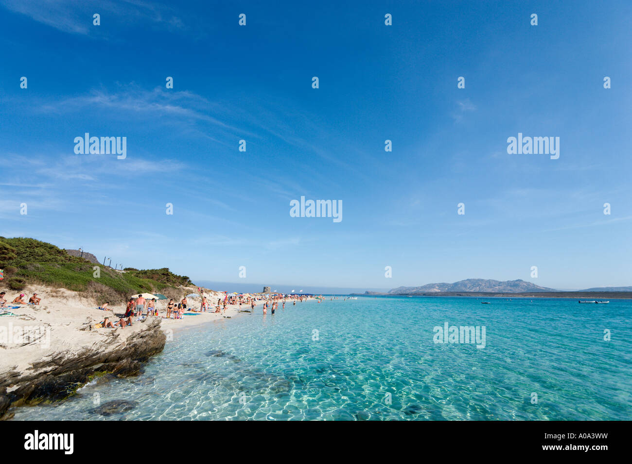 Playa de la Pelosa, Stintino, del Capo Falcone, Cerdeña, Italia Foto de stock