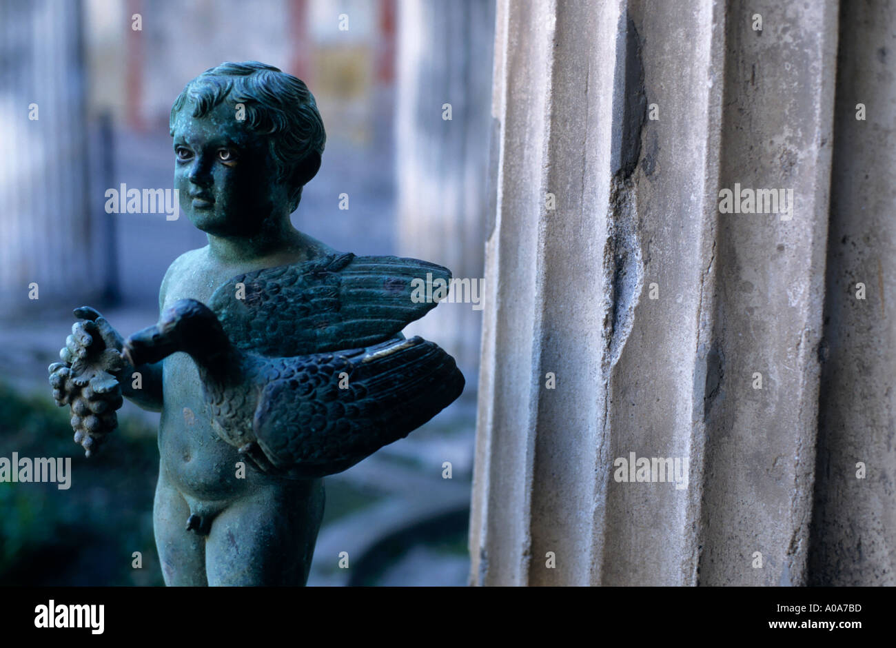 Estatua del niño sosteniendo un pájaro en la Villa dei Vettri, Pompeya, Italia. Foto de stock