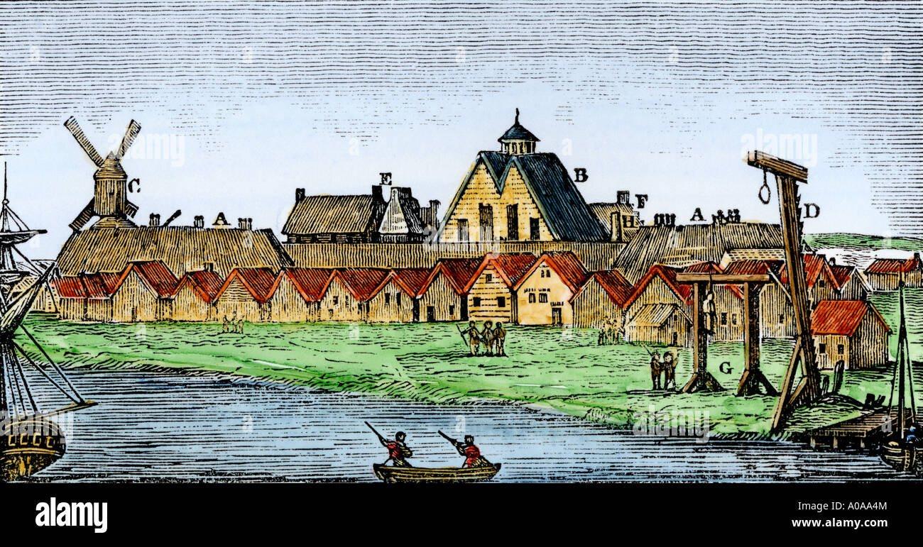 Colonia holandesa de Nueva Amsterdam mostrando la fortaleza de la pared de la iglesia de molinos de viento y la picota en 1659. Xilografía coloreada a mano Foto de stock
