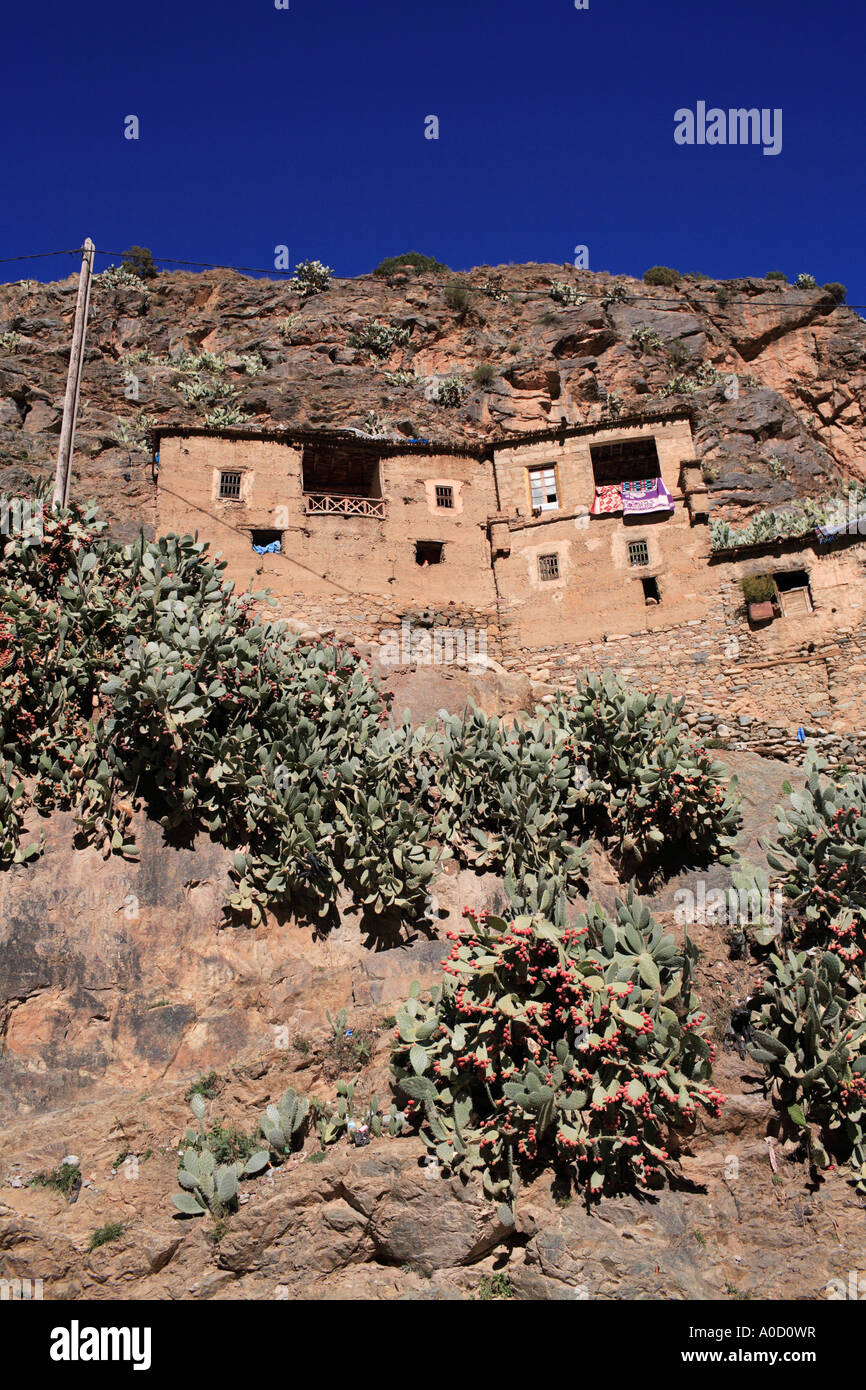 Casas bereber en la ladera de una colina en Setti Fatma en Marruecos Foto de stock