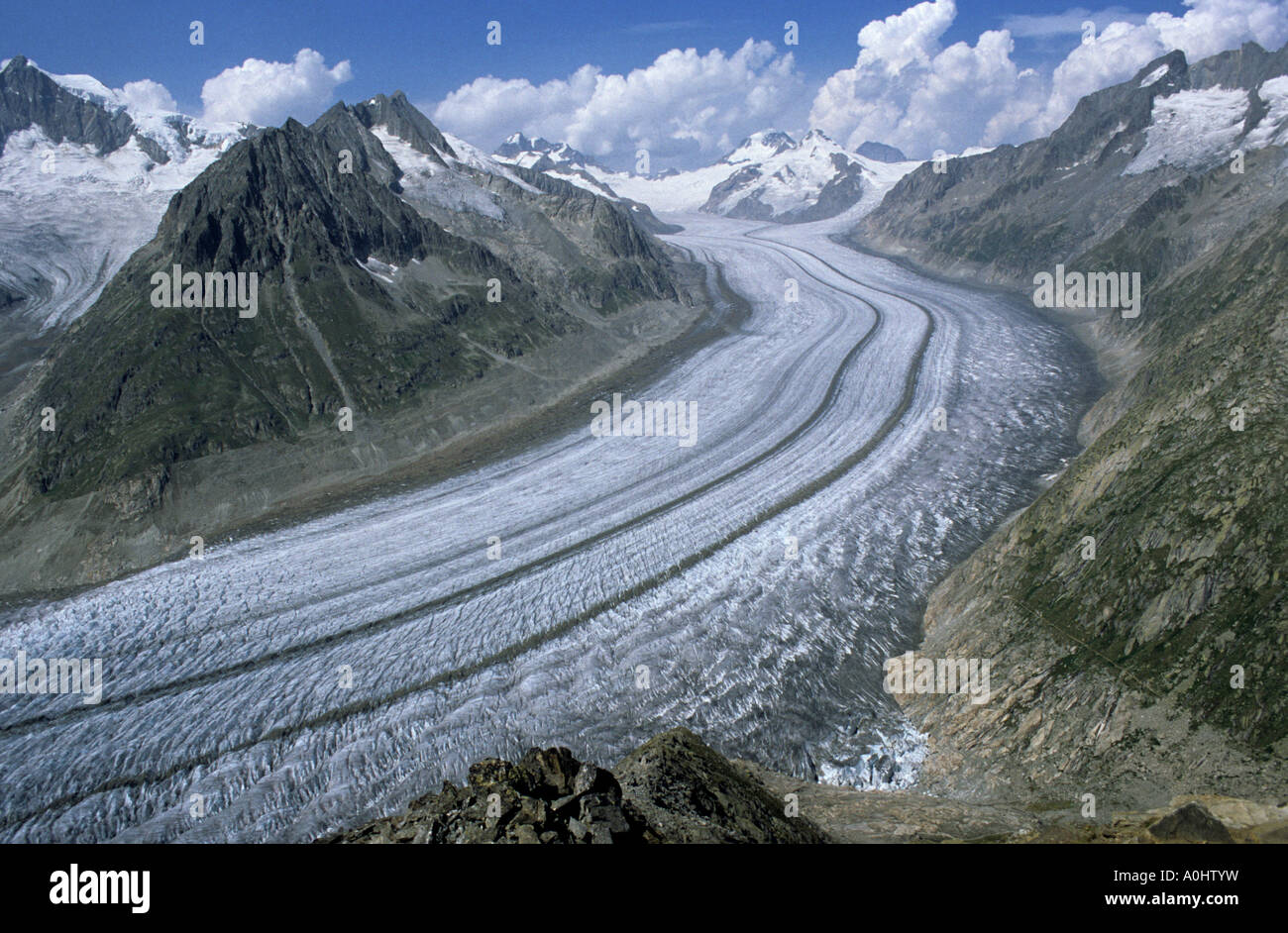 Europa alpes suizos Ice stream glaciar Aletsch caliente global Foto de stock