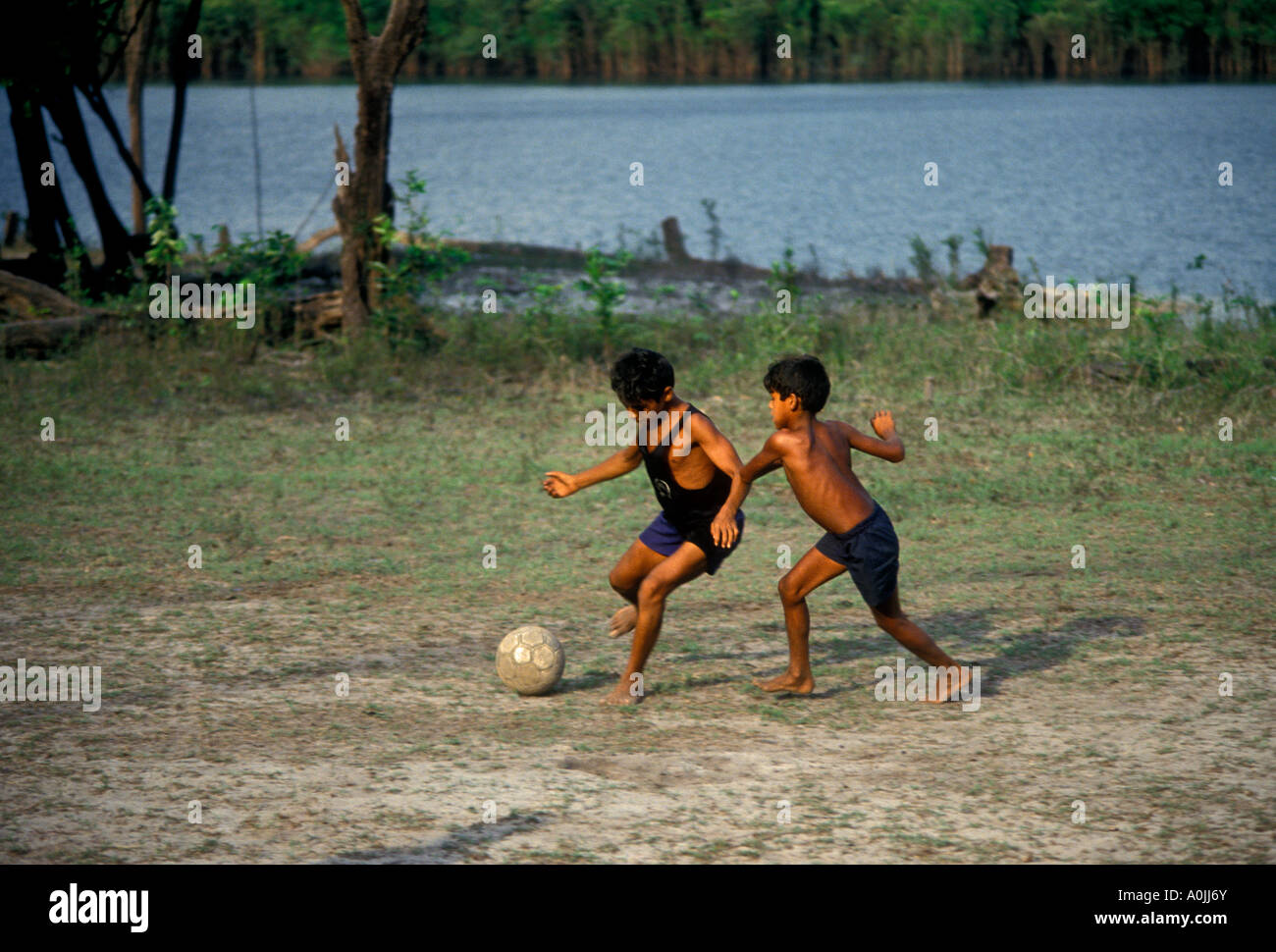 2, dos chicos brasileños, niños jugando al fútbol, jugadores de fútbol, Puraquequara, al noreste de Río Amazonas, Manaus, estado de Amazonas, Brasil, América del Sur Foto de stock
