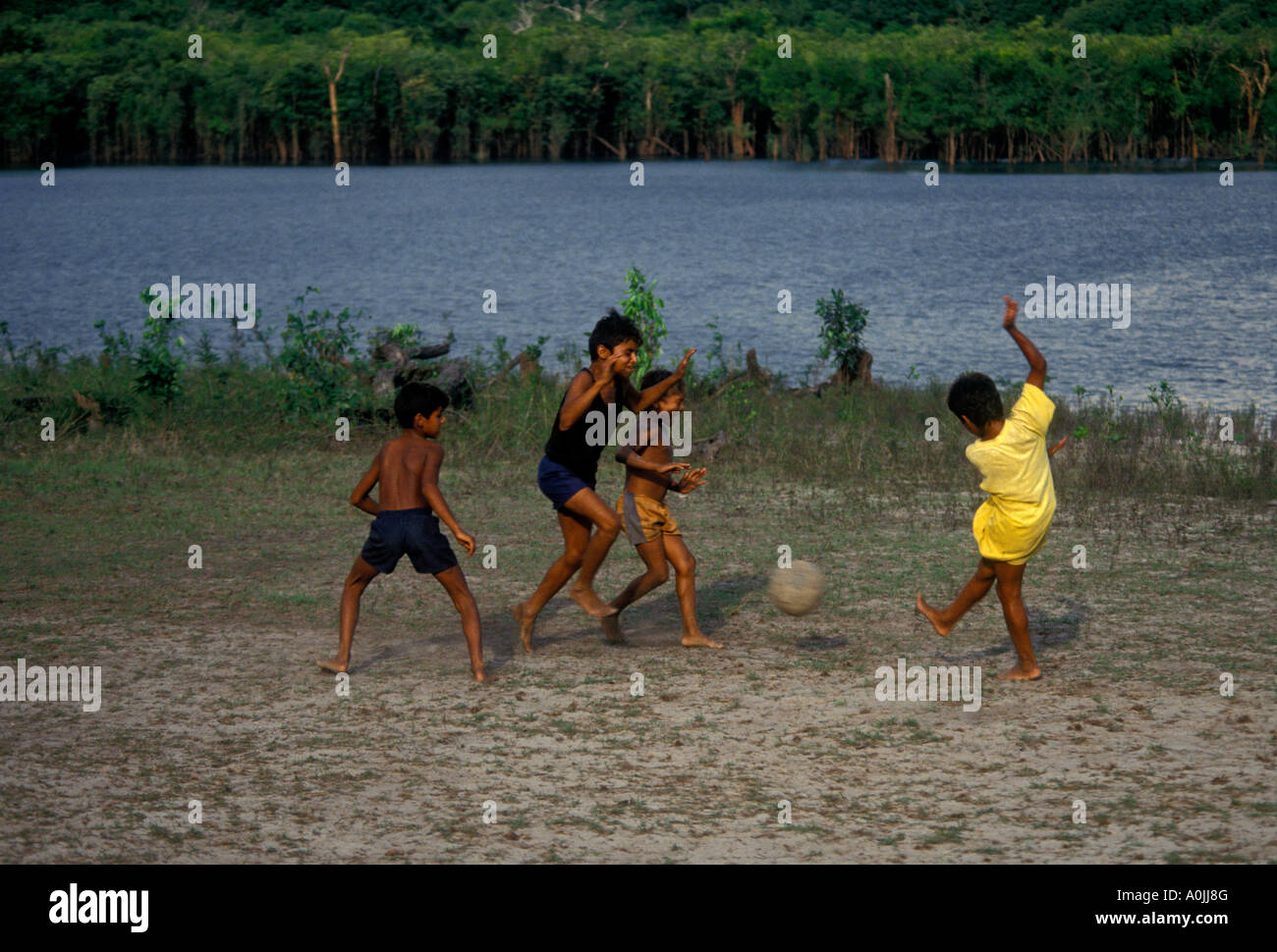 4, cuatro muchachos brasileños, niños jugando al fútbol, jugadores de fútbol, Puraquequara, al noreste de Río Amazonas, Manaus, estado de Amazonas, Brasil, América del Sur Foto de stock