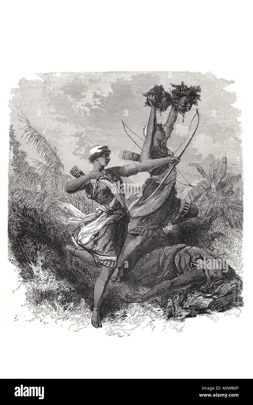 Amazonas de Dahomey, batalla femenino las mujeres soldado flecha arco guerrero feroz lucha valiente Benin África selva matar matar intrépido decapitar d Foto de stock