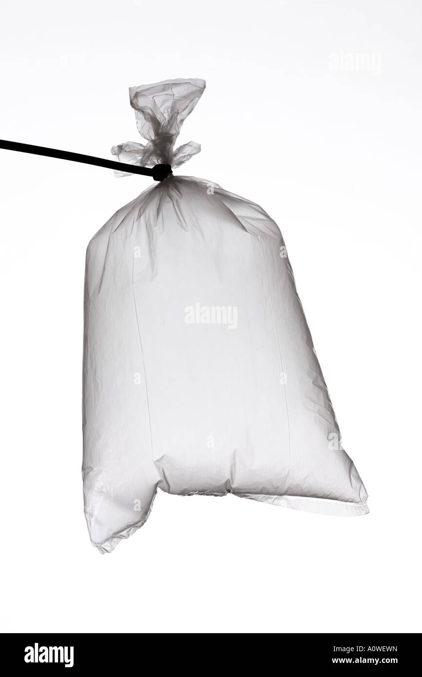 Una bolsa de plástico llena de aire sobre fondo blanco concepto cambio climático el calentamiento global conversaciones vacías de aire caliente Foto de stock