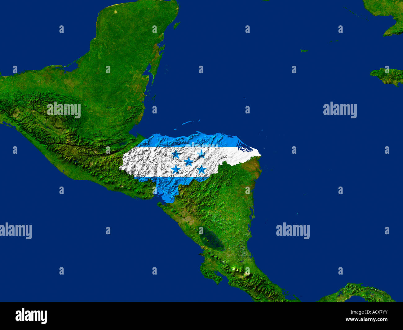 Imagen de satélite de Honduras cubiertos por la bandera de ese país