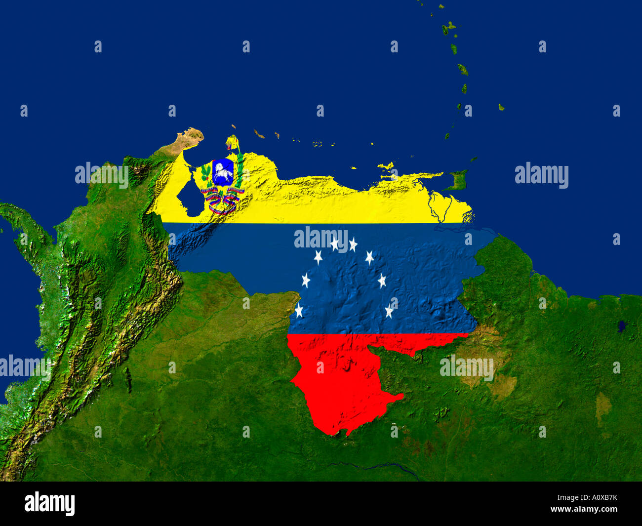 Imagen de satélite de Venezuela cubiertos por la bandera de ese país Foto de stock