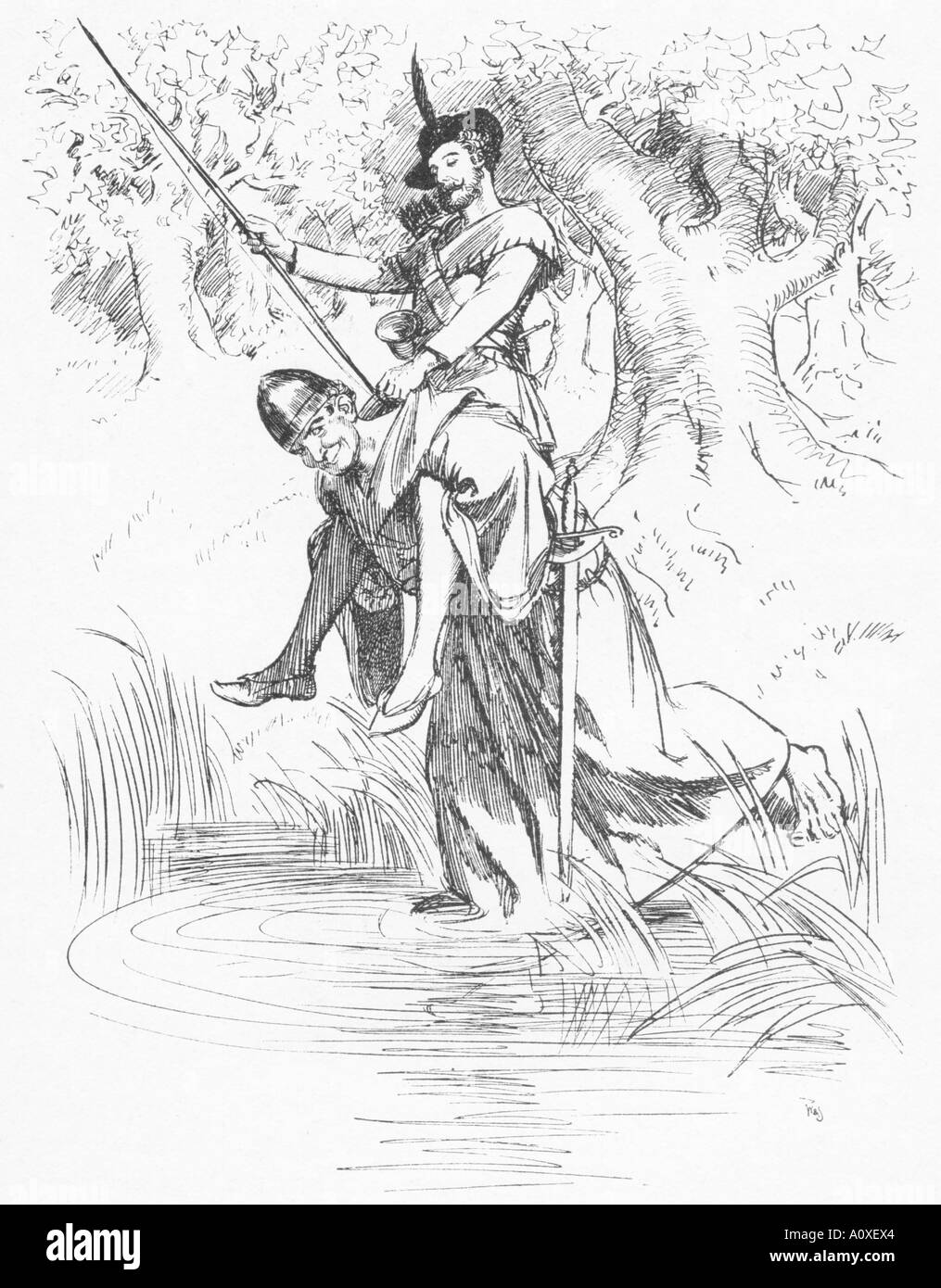 Dibujo de líneas por Hugh Thomson 1860 1920 en autopistas y carreteras en Yorkshire; el pequeño John llevar Robin Hood por el arroyo Foto de stock