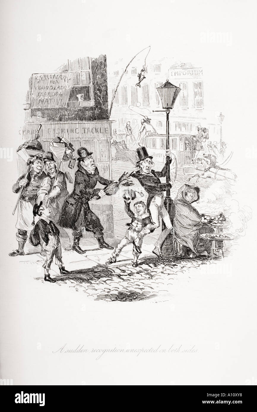 Un reconocimiento repentino inesperado en ambos lados. Ilustración de la novela de Charles Dickens, Nicholas Nickleby por H K Browne conocida como Phiz Foto de stock