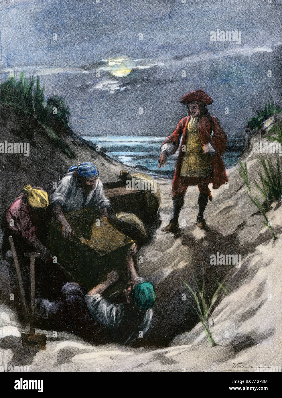 Pirata Capitán Kidd enterrar su tesoro posiblemente en Gardiners Island en el puerto de Nueva York. Mano de color halftone de ilustración. Foto de stock
