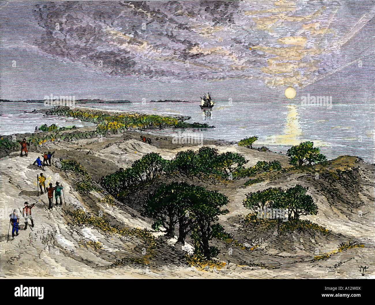 Los colonos desembarco en la Isla Roanoke 1500s. Xilografía coloreada a mano Foto de stock