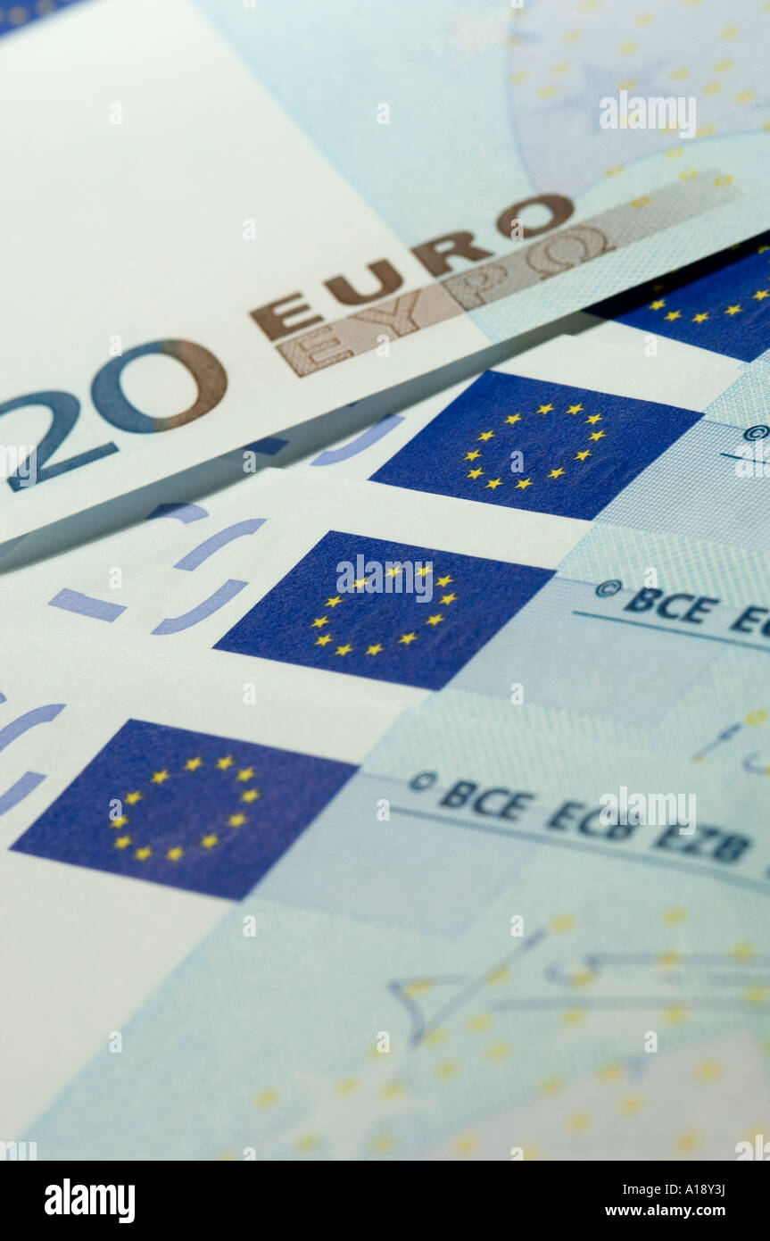 Cierre de 20 veinte euros billetes de billetes de billetes de banco europeos de la UE Foto de stock