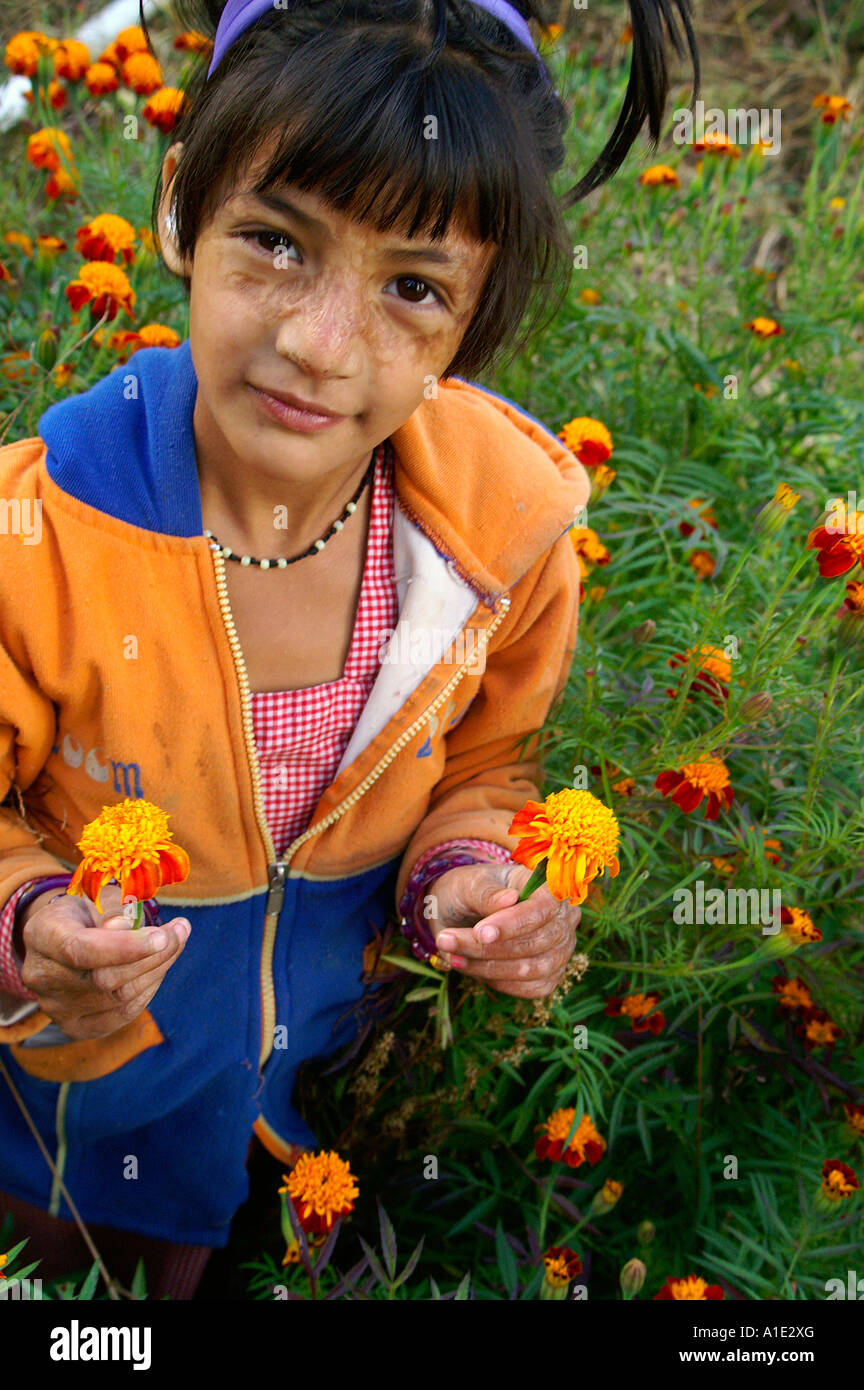 Uno de los jóvenes indios niña feliz celebración desplumados flores en parche Kalga VILLAGE, India Foto de stock