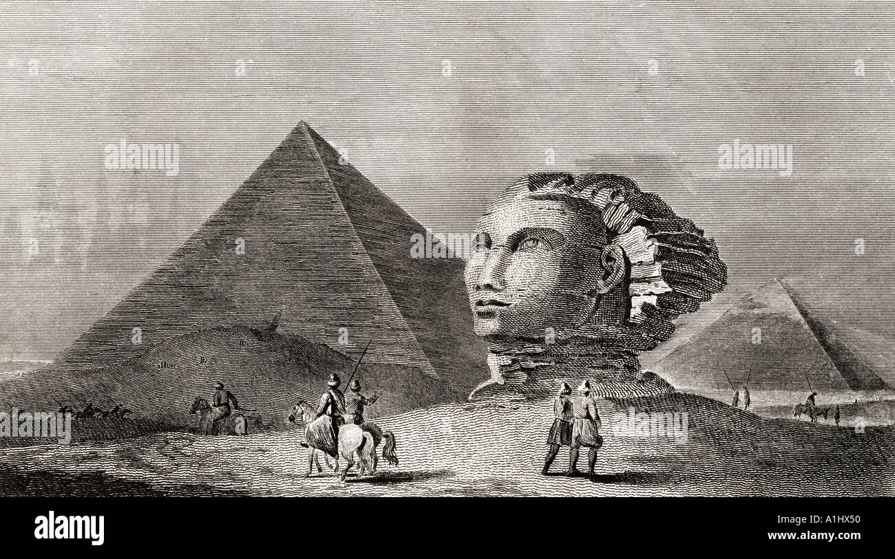 La primera y la segunda pirámide de Gizah, Memphis y antiguo jefe de la colosal Esfinge, visto aquí en los inicios del siglo XIX Foto de stock