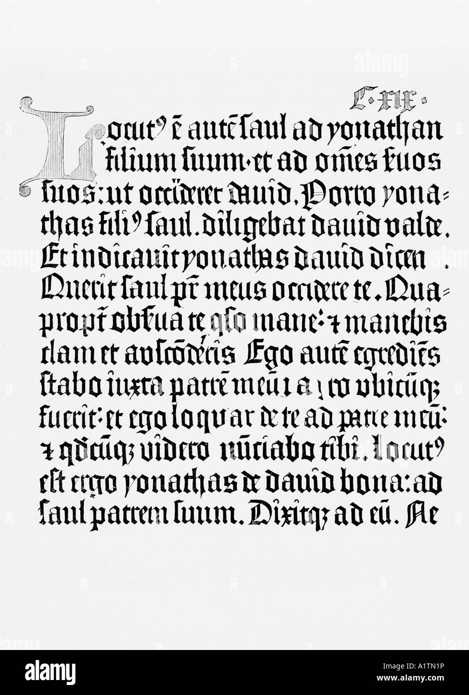 Copia de una página de la Biblia impresa en Mainz, 1456 por Johannes Gutenberg Foto de stock