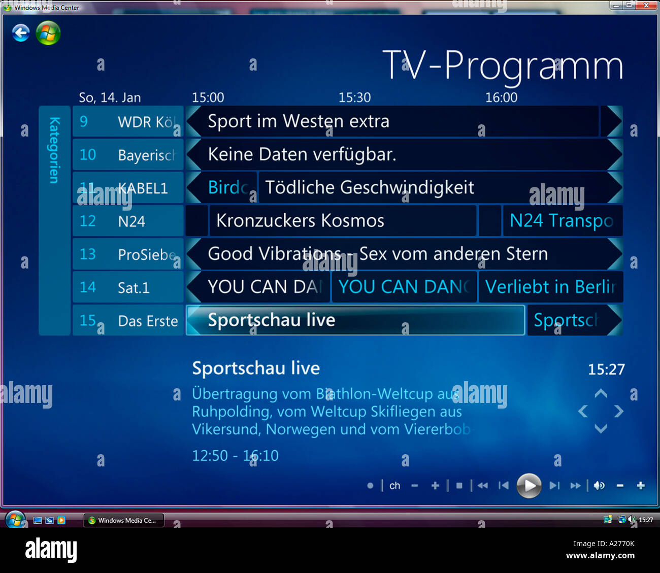 Microsoft Windows Vista (versión alemana), la interfaz de usuario de Media  Center, guía de televisión electrónica, captura de pantalla Fotografía de  stock - Alamy