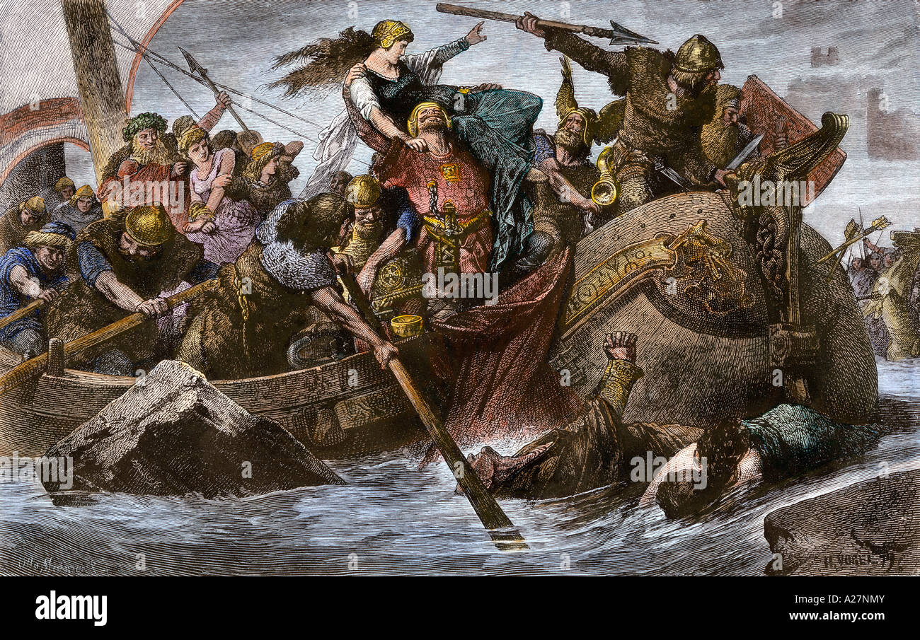 Viking raid en un canal Inglés costa en virtud de Olaf Tryggvason 900s AD. Xilografía coloreada a mano Foto de stock