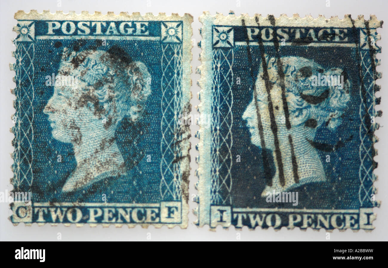 2 2d azul Victoriano perforada primeros sellos 1840s Foto de stock