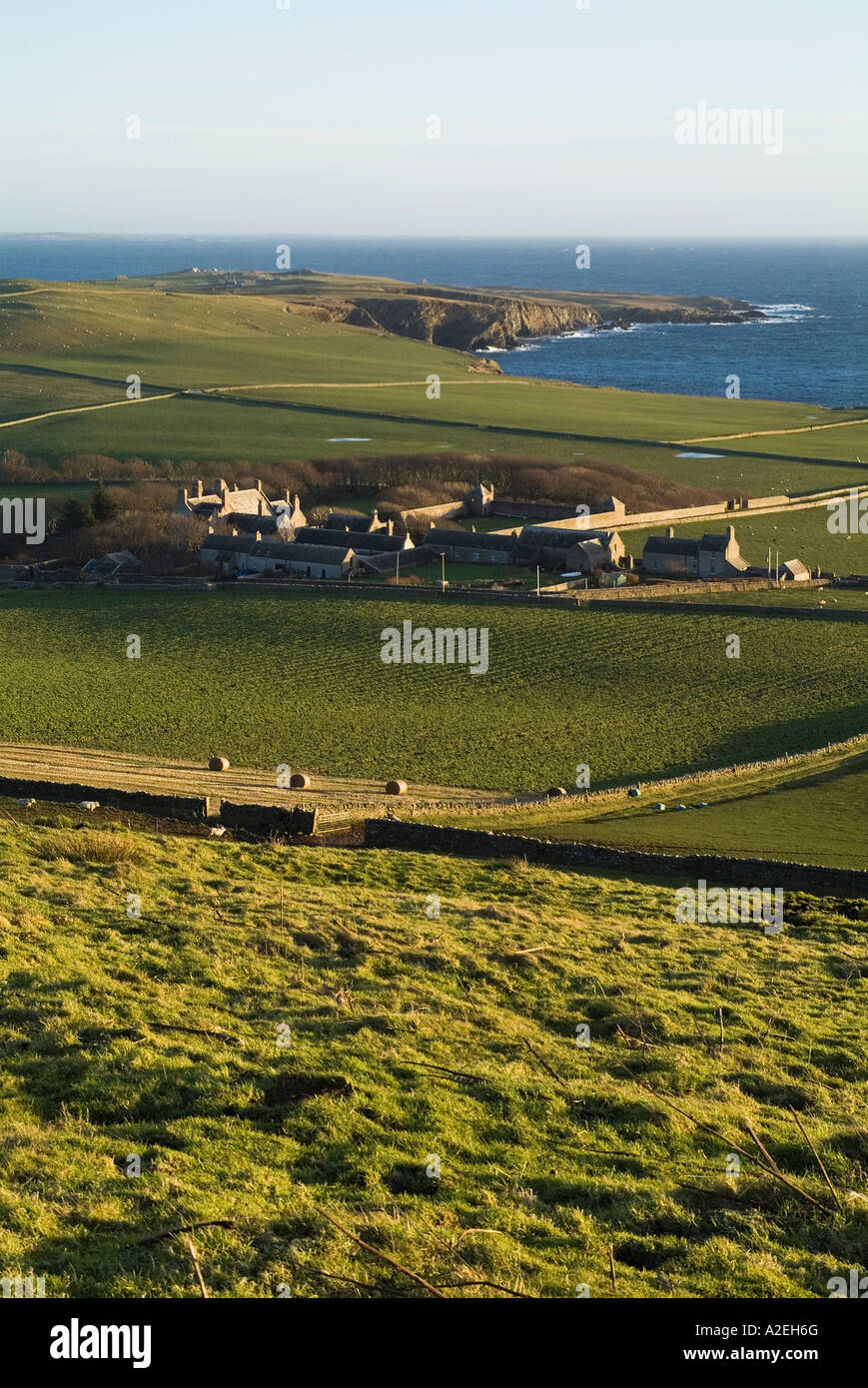 Dh Melsetter hoy las islas Orcadas y las tierras de cultivo de la granja Melsetter Pentland Firth acantilados Foto de stock