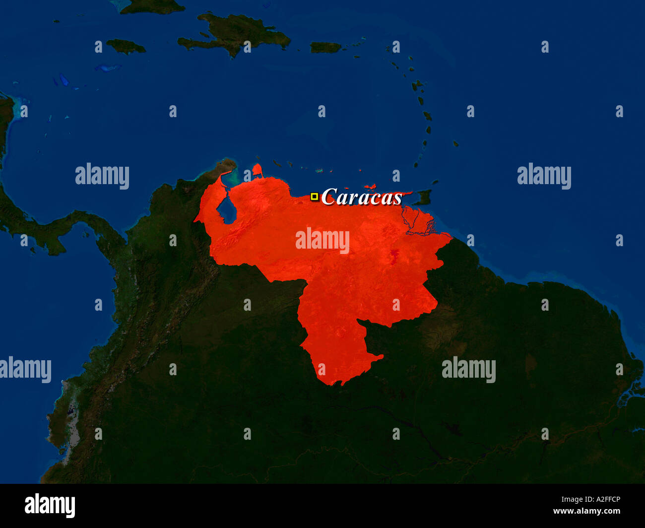 Imagen de satélite de resaltado de Venezuela con la capital Caracas mostrado Foto de stock