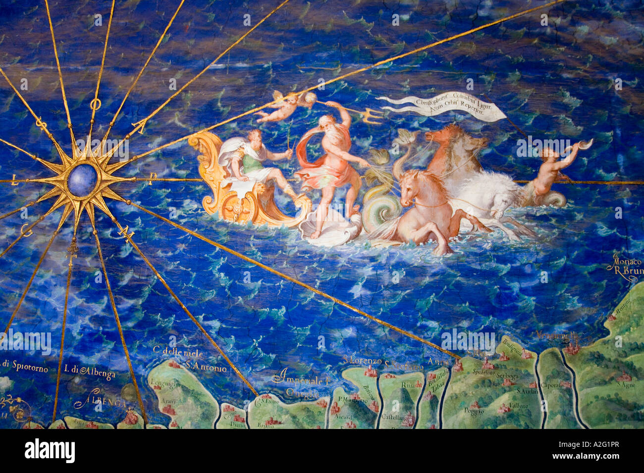 Detalle de mapa antiguo de Liguria, pintura en el Museo Vaticano Sala de Mapas por Ignazio Danti (1536-1586) El Vaticano, Roma, Italia Foto de stock