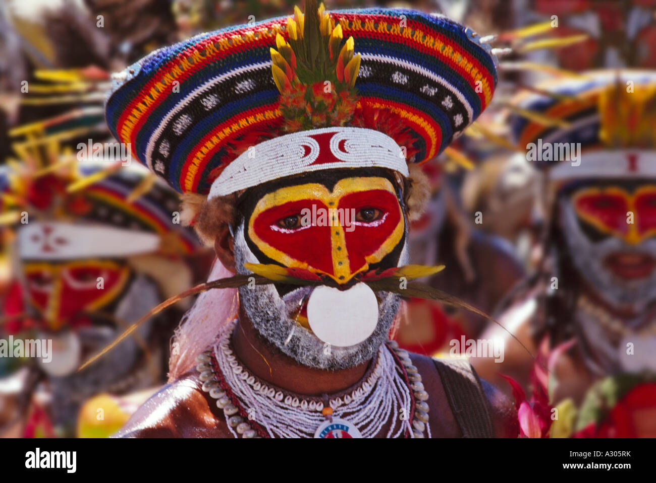 Retrato de un guerrero en Highlands Sing Sing Festival Mt Hagen Papua Nueva Guinea Foto de stock