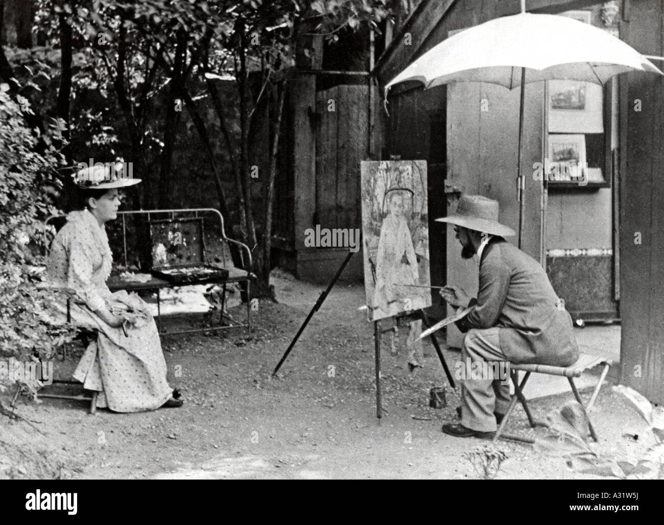 HENRI de Toulouse Lautrec artista francés trabajando en su pintura Berthe La Sourde (Berthe la mujer sorda) en 1890 Foto de stock