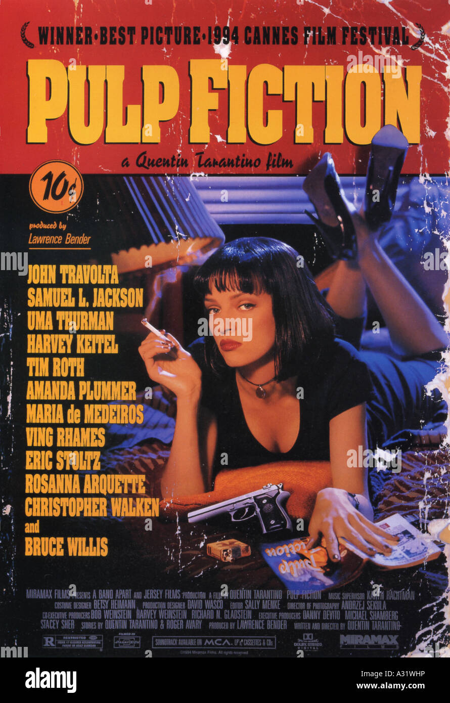 PULP FICTION poster de 1994 Buena Vista/Miramax film con Uma Thurman dirigido por Quentin Tarantino Foto de stock