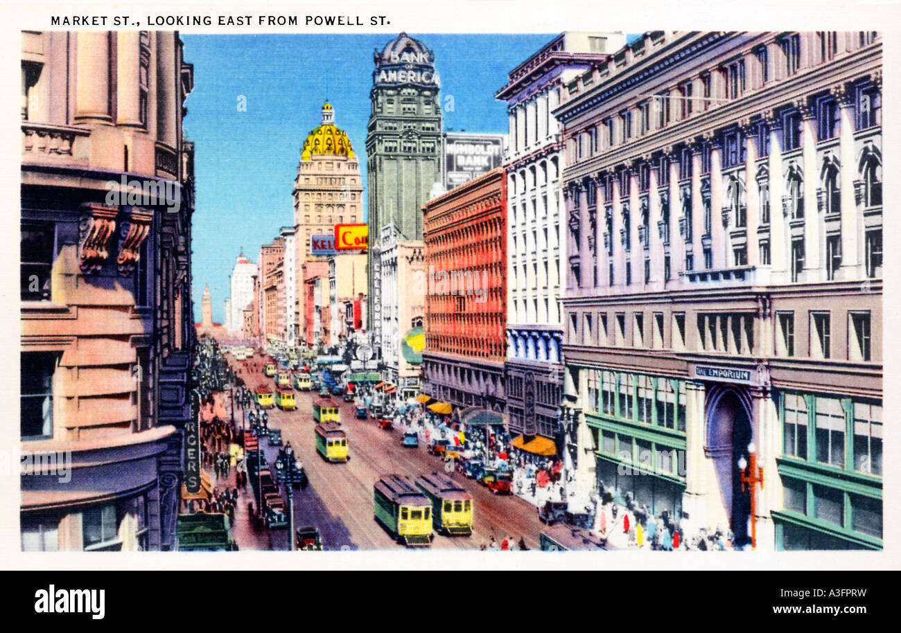 Market Street, San Francisco, mirando al este de la calle Powell en esta década de 1930 postal de la ciudad californiana Foto de stock