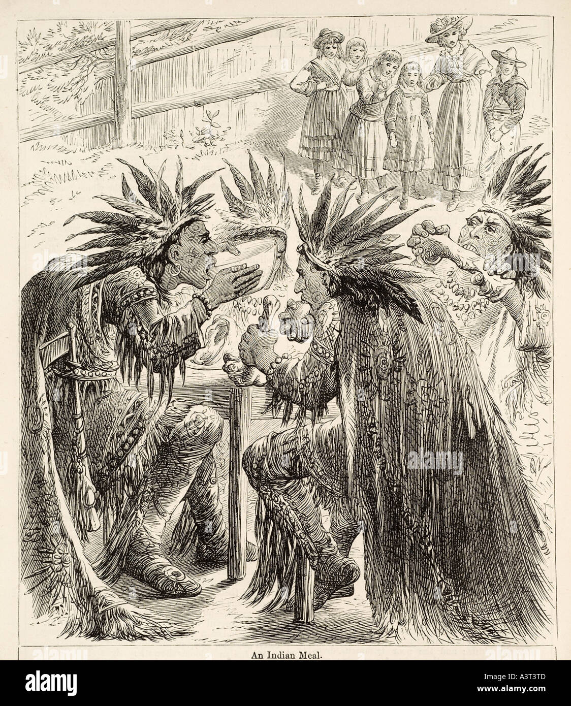 Comida india tribu americana nativa de América el hombre noble salvaje  viaje cultura comer beber consumen repast tocado de plumas disfraz dre  Fotografía de stock - Alamy