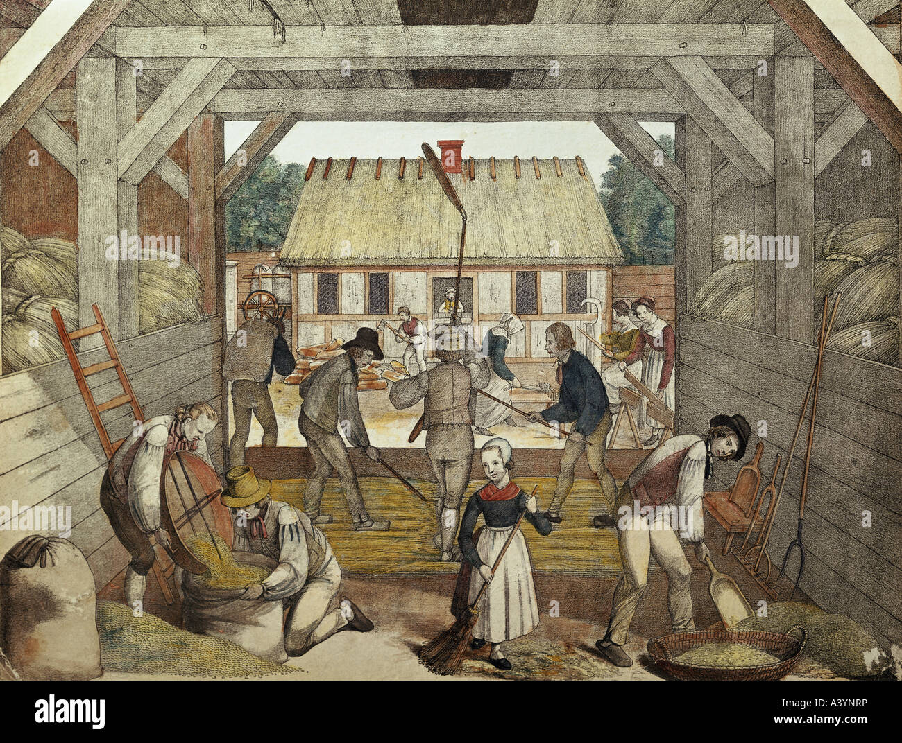 agricultura, trabajo agrícola, campesinos trillado de grano, litografía de color, 1820 / 1830, Foto de stock
