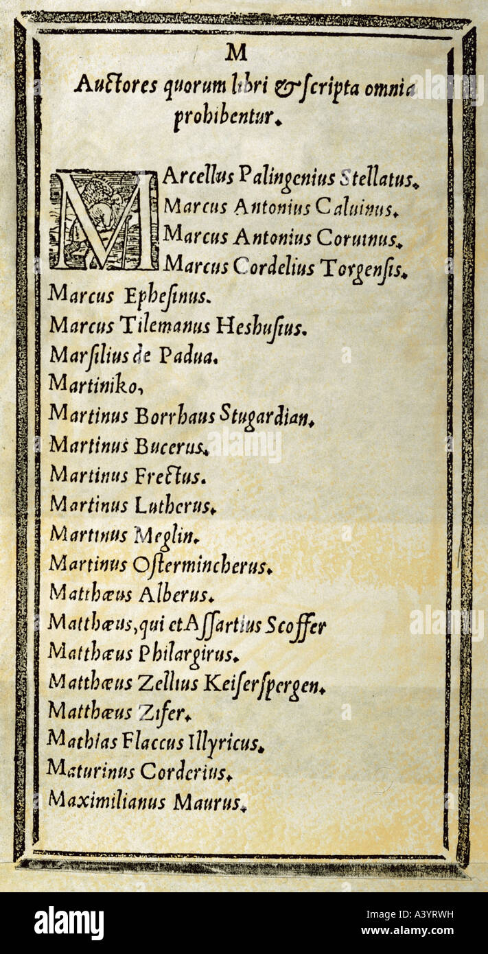 Religión, cristianismo, catolicismo, 'Index librorum prohibiorum', título, impreso por Antonio Baldo, Roma, 1559, colección privada, , Foto de stock