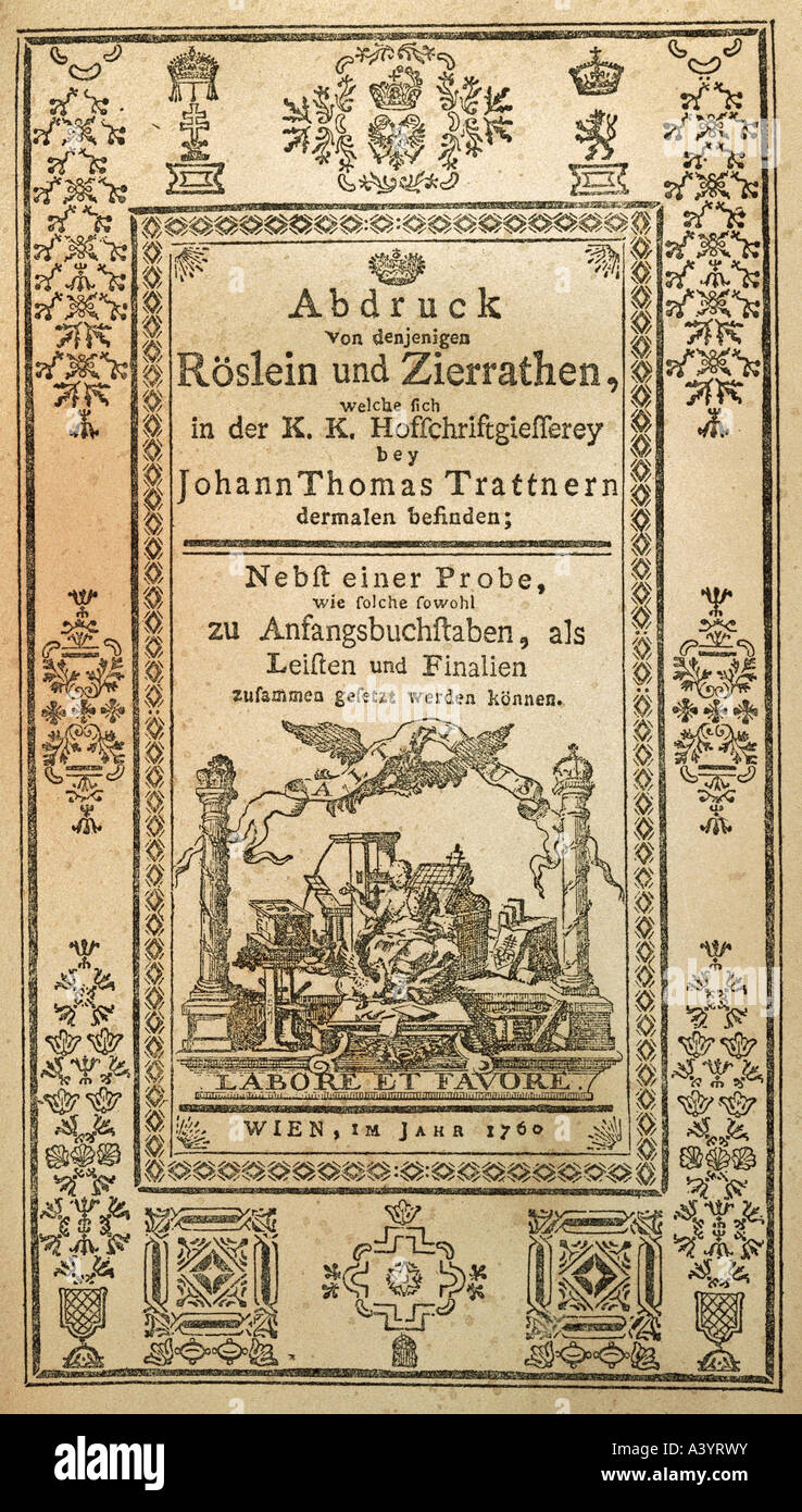 Tecnicas, impresión, libro de pruebas, título, por Johann Thomas Trattner Printing House, Viena, 1760, Foto de stock