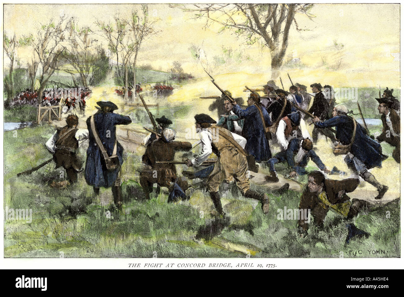 Minutemen lucha para mantener fuera el ejército británico en el Puente de Concord el 10 de abril de 1775. Xilografía coloreada a mano Foto de stock
