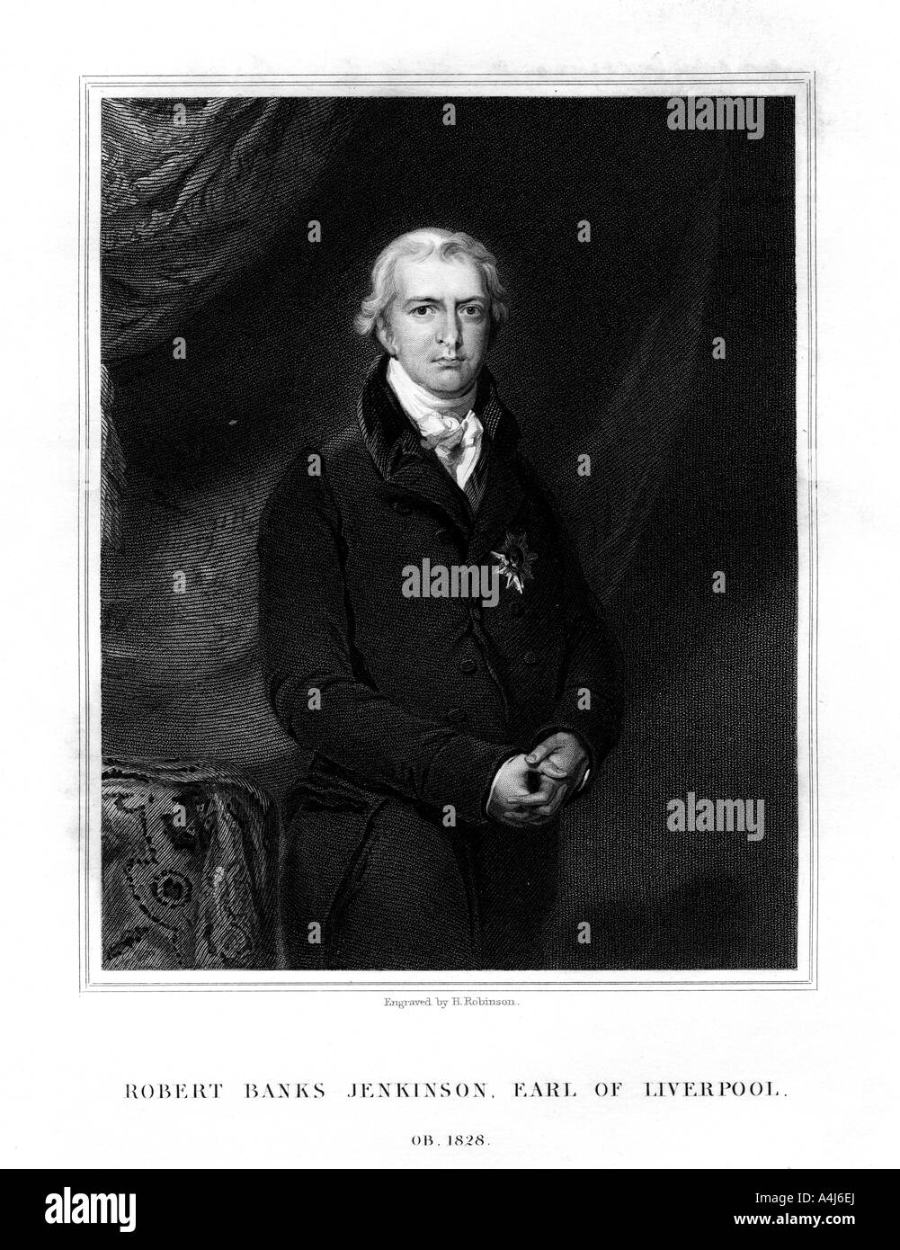 Robert Banks Jenkinson, segundo Conde de Liverpool, Primer Ministro del Reino Unido, (1834).Artista: H Robinson Foto de stock