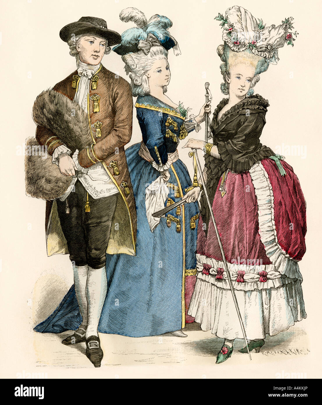 Francés la ropa y los peinados de moda 1770. Mano de color imprimir Foto de stock