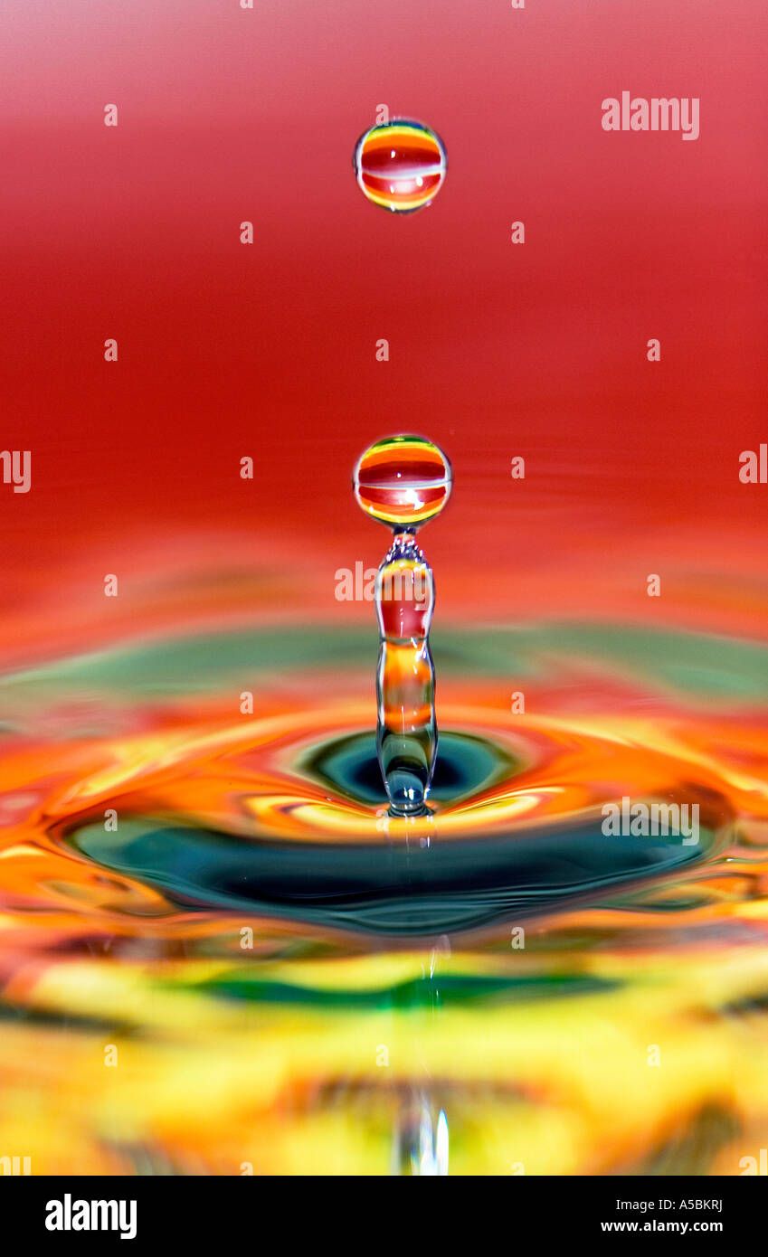 Gota de agua sobre la naranja, rojo, amarillo degradado espejo de agua de superficie. Agua sobre un plato con espejo refleja el color Foto de stock