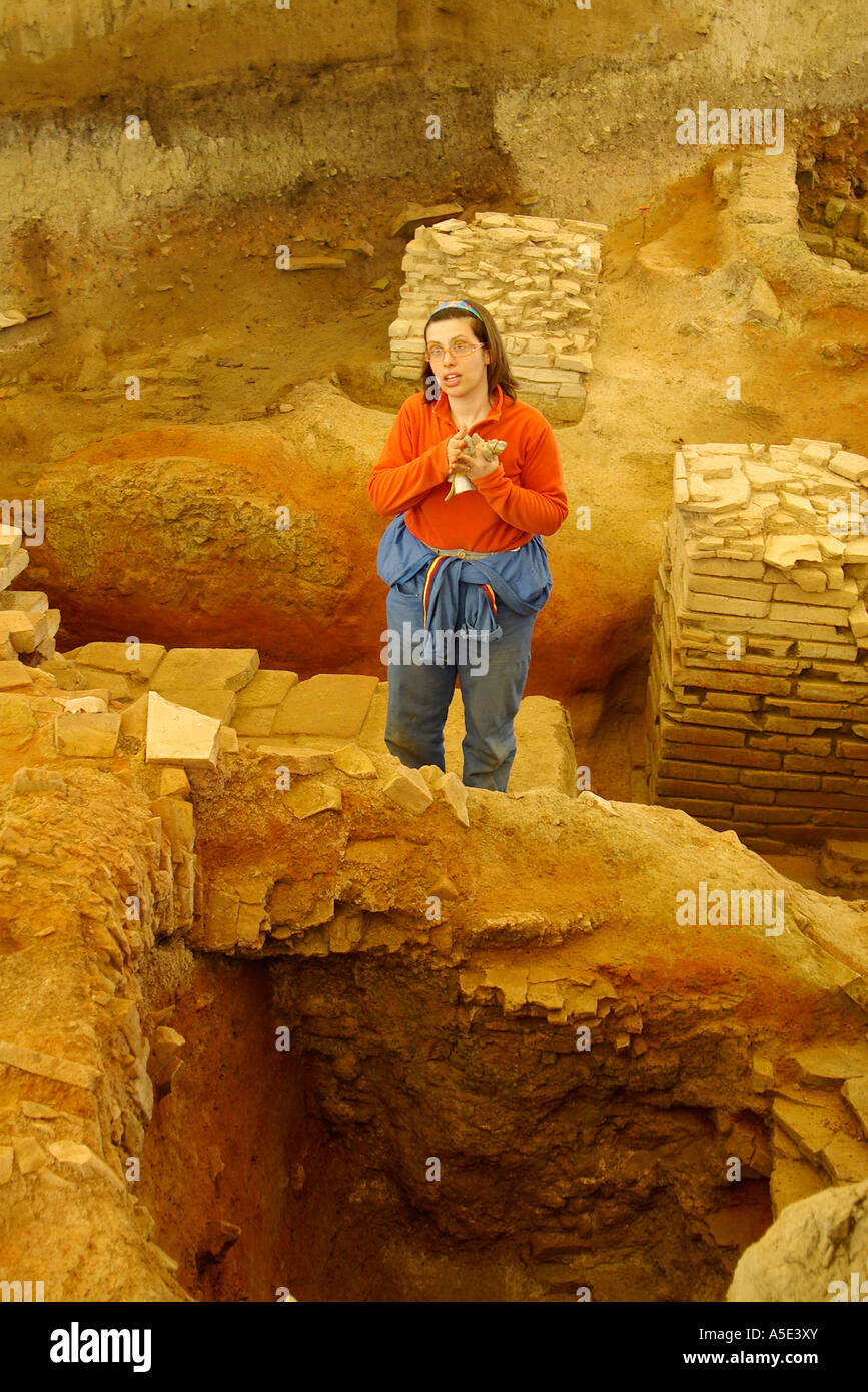 Una mujer italiana arqueólogo en la excavación permanente en el delta del río Po, cerca de Cesena, Emilia-Romaña, Italia Foto de stock