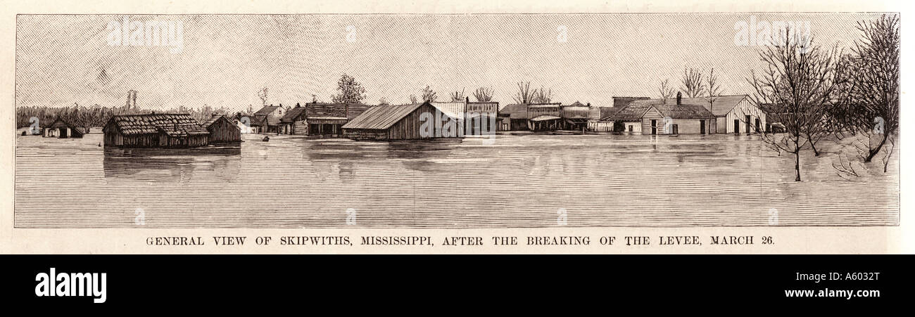 Las inundaciones del Río Mississippi de 1890 Vista General de Skipwiths Mississippi tras la ruptura del dique de Marzo 26. Foto de stock