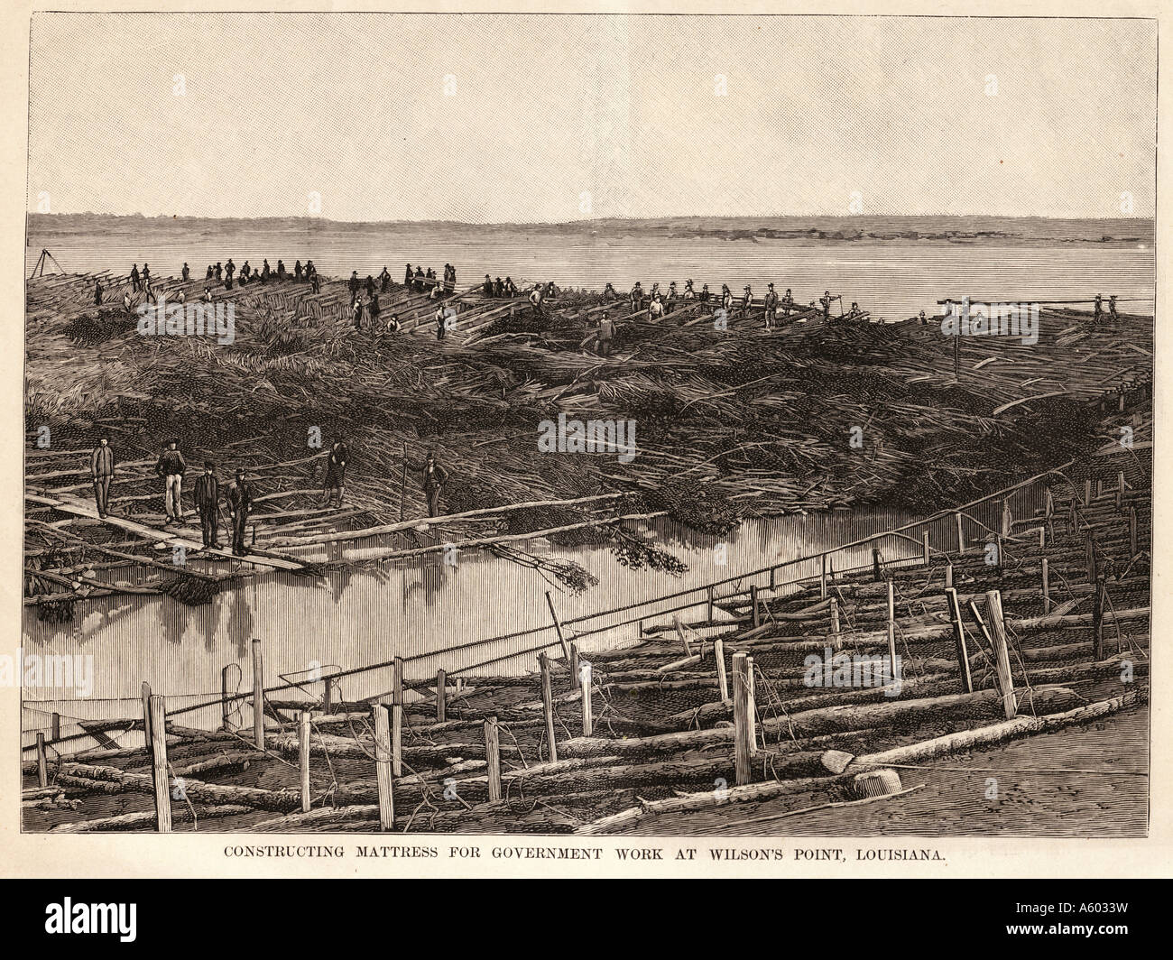 Las inundaciones del Río Mississippi en 1890. Construcción de colchón para que la labor de gobierno en Wilson's Point, Louisiana. Foto de stock