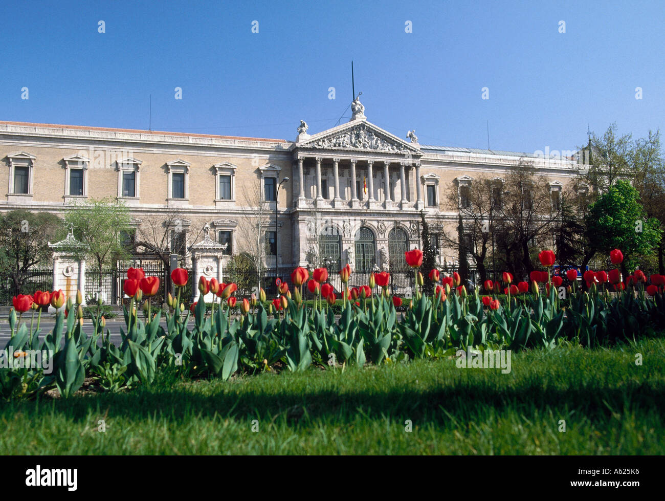 Flores en el jardín de enfrente de la biblioteca, la Biblioteca Nacional, Madrid, España Foto de stock