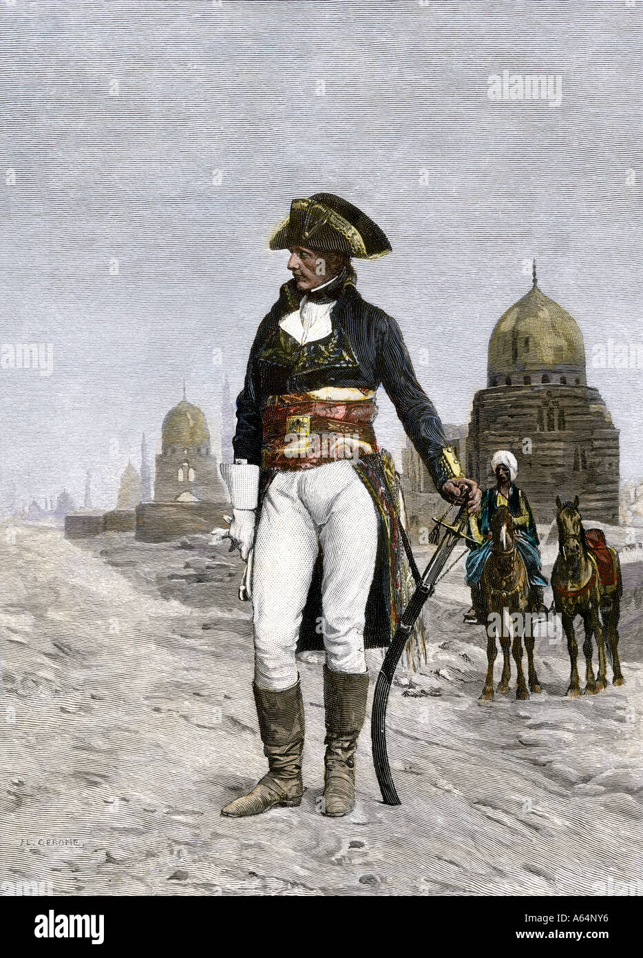 Napoleón Bonaparte en El Cairo durante la invasión francesa de Egipto 1798. Xilografía coloreada a mano Foto de stock