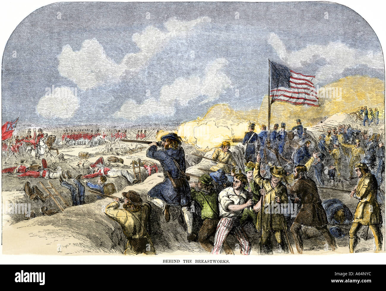 Los estadounidenses detrás del breastworks disparando sobre los británicos en la batalla de New Orleans en 1815, al final de la guerra de 1812. Xilografía coloreada a mano Foto de stock