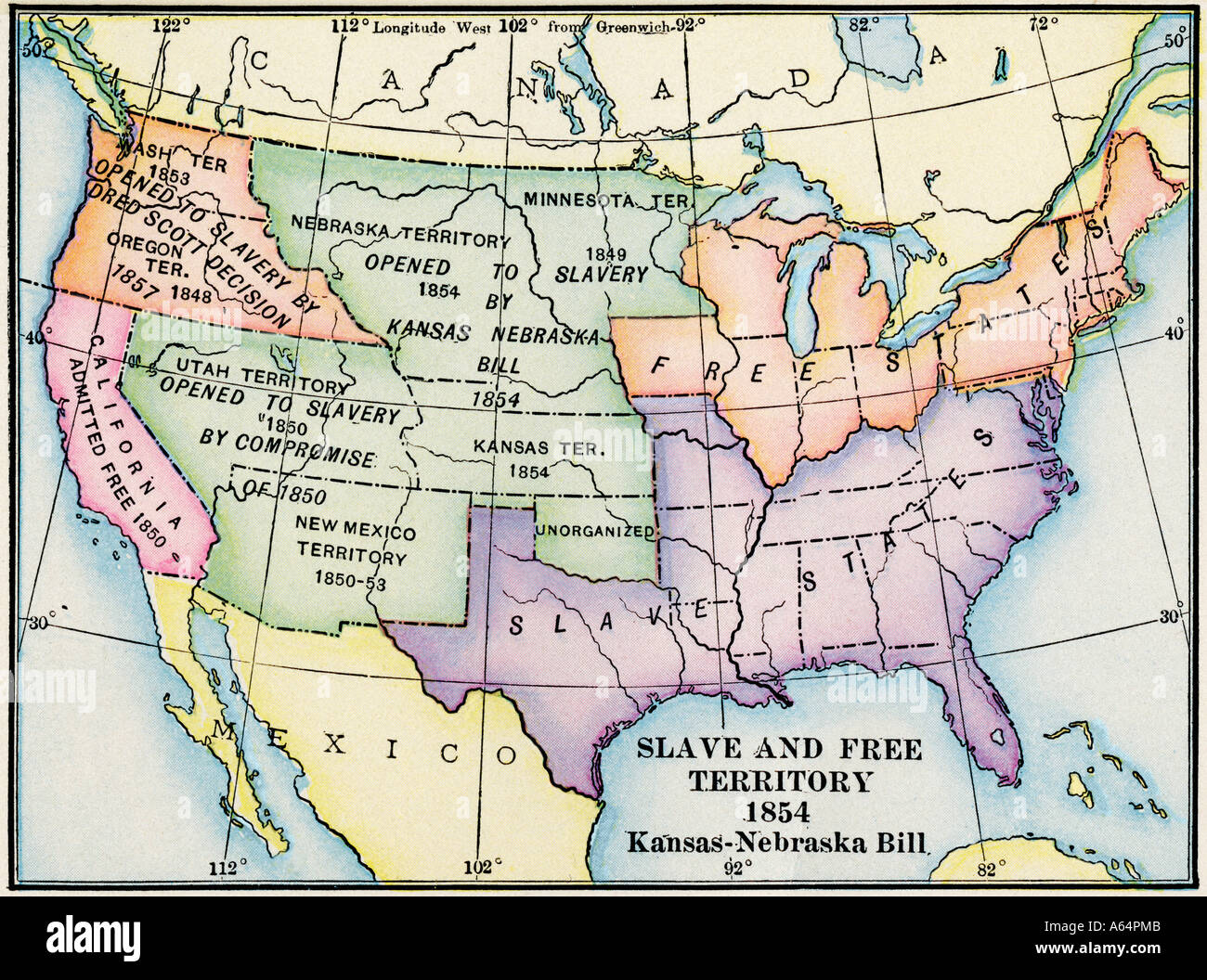 Mapa de esclavo y zonas libres de los Estados Unidos 1854 en el momento de la Ley de Nebraska, Kansas. Litografía de color Foto de stock