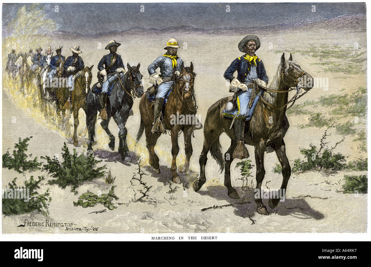 El búfalo africano-americanos soldados marchando en el desierto de Arizona Apache durante las guerras de la década de 1880. Xilografía coloreada a mano de un Frederic Remington ilustración Foto de stock