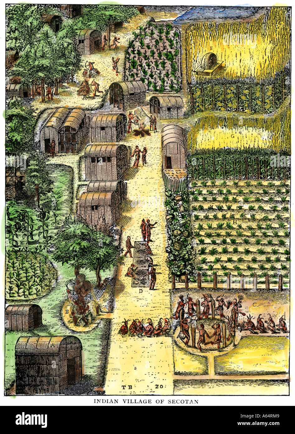 Pueblo nativo americano y los jardines de Secotan en Carolina del Norte, entonces parte de la colonia de Virginia 1500s. Xilografía coloreada a mano Foto de stock