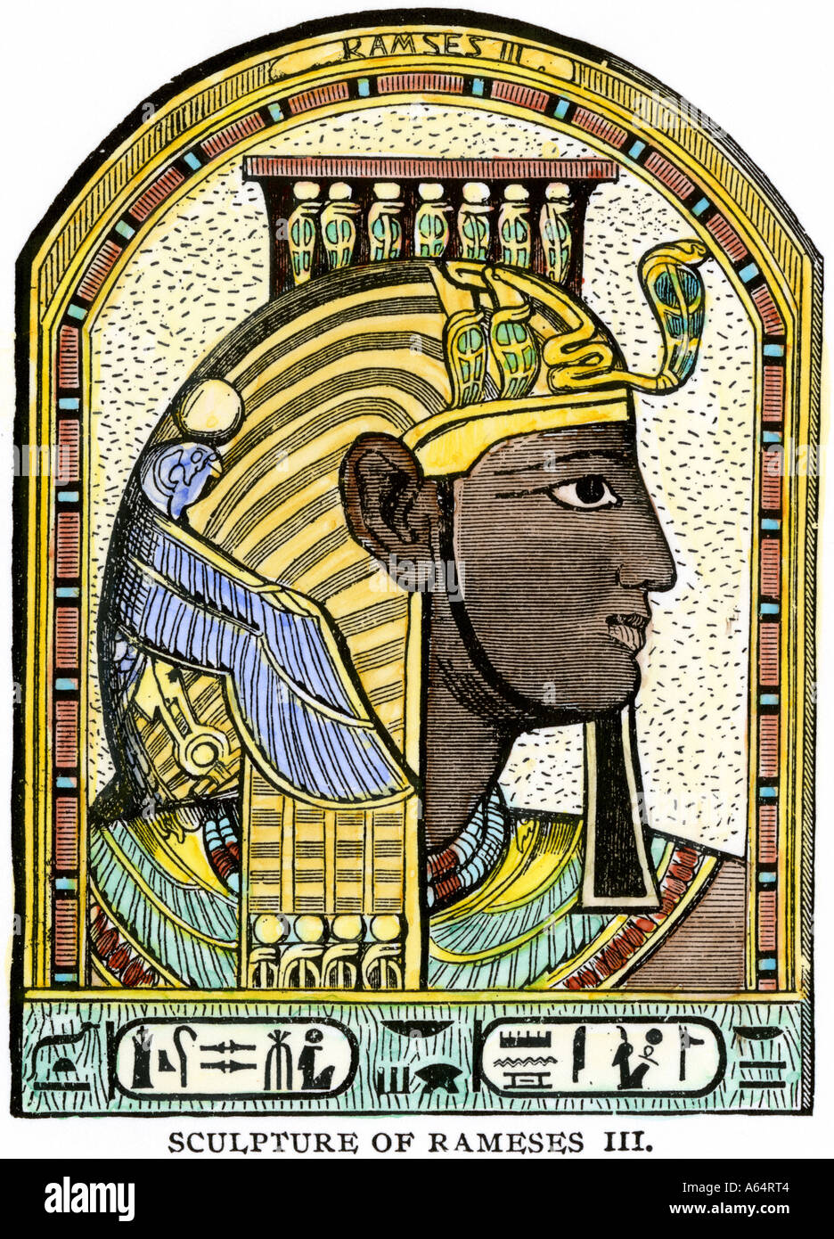 Faraón Egipcio Ramsés III. Xilografía coloreada a mano Foto de stock