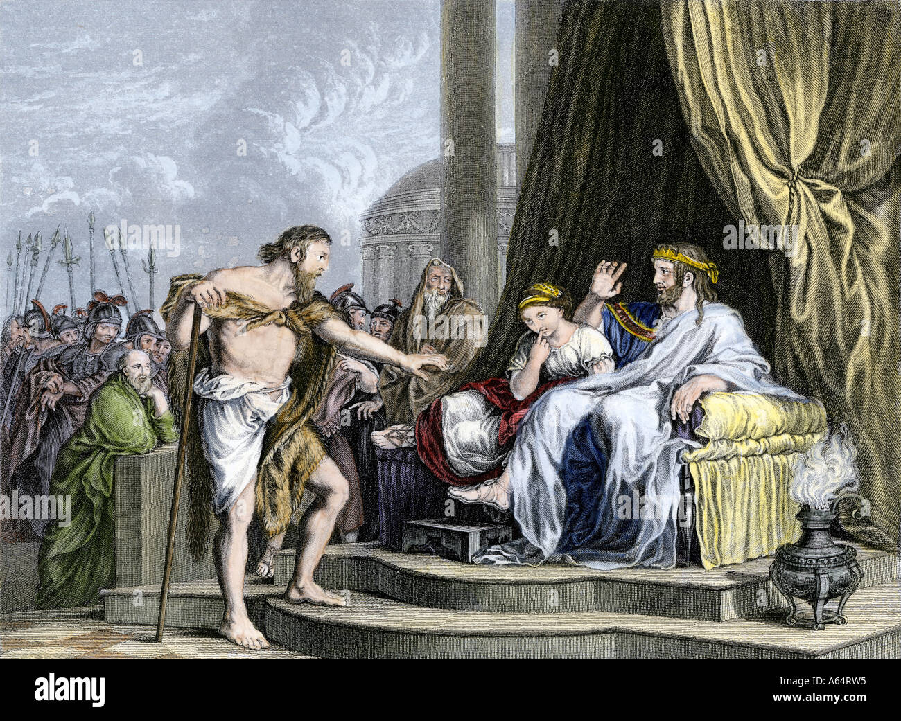 Juan el Bautista criticando a Herodes gobernante de Palestina bajo los Romanos. Grabado pintado a mano Foto de stock